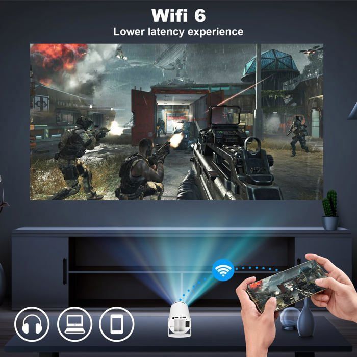 Vidéoprojecteur Mini Proyector Portátil 4K 1080P FHD 4K Portátil con Wifi 6 Bt 5.0 Rotación 180°, HDMI/TV Stick/USB/PS5 Blanco