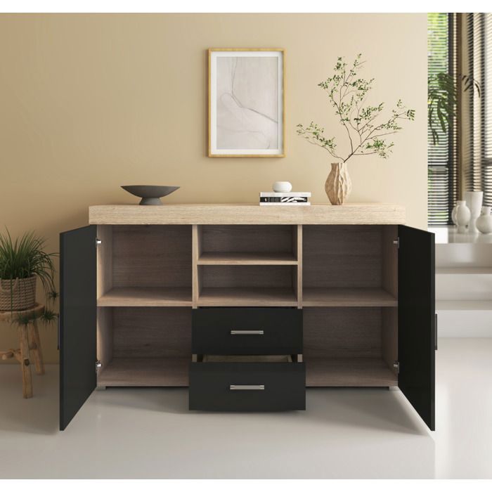 Aparador ROQUE 140x80x40 cm - 2 puertas 2 cajones - Acabado en roble Sonoma y negro - Almacenamiento para salón