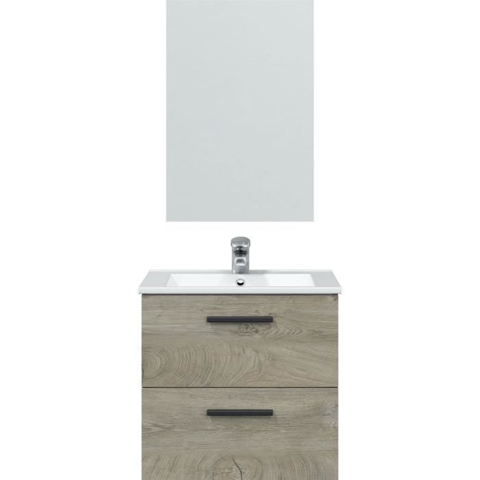 Mueble de baño suspendido, 60 cm de ancho - 2 cajones - Acabado en roble Alaska - Espejo - ARUBA