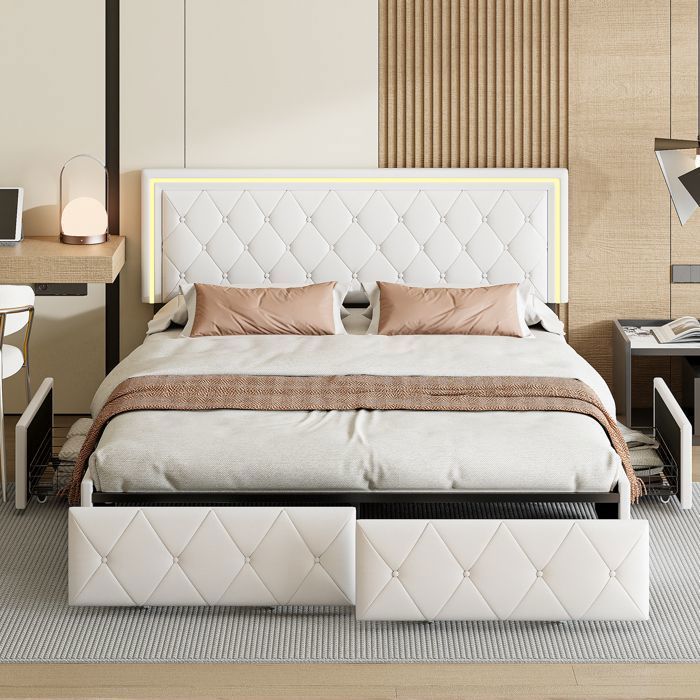 Gepolstertes Doppelbett – AMBIANCE – 160 x 200 cm – LED-Beleuchtung – mit 4 Schubladen – mit höhenverstellbarem Kopfteil