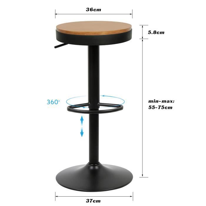 Tabouret de Bar - ZEFAN - Lot de 2 - Réglable en hauteur - Style Scandinave - Moderne - Noir