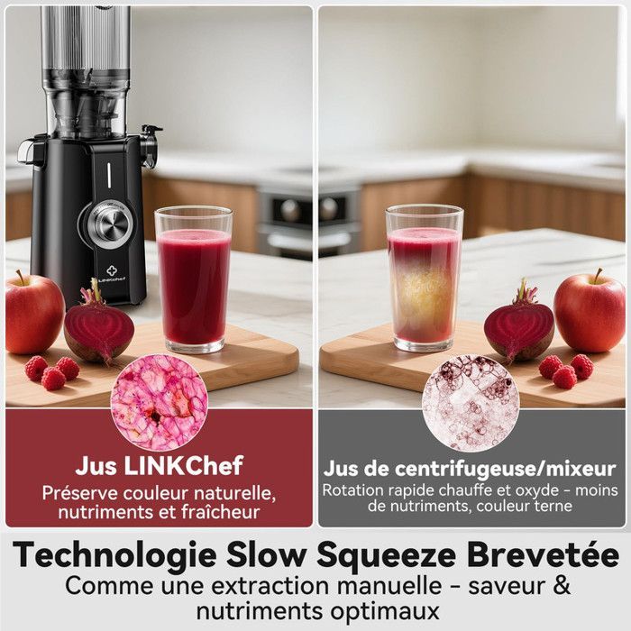 Sans Préparation Extracteur de Jus,Nettoyage installer Rapide,115mm Extracteur de Jus Lent,Rendement en jus de 99 %,1,2 L