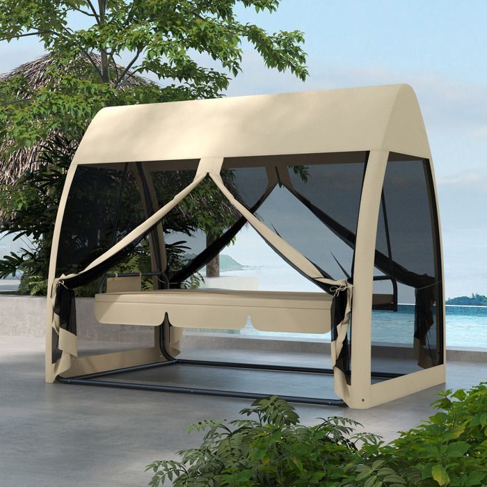 Balancelle de jardin - Outsunny - convertible - 3 places - avec auvent et coussins - filet avec fermetures éclair poche - beige