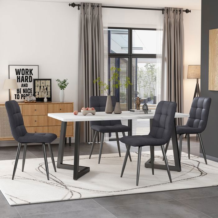 Set tavolo da pranzo 117×68 cm con 4 sedie - Set moderno tavolo e sedie per cucina/soggiorno - Sedie in lino grigio scuro