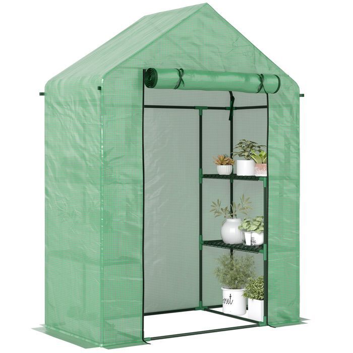 Outsunny Gartengewächshaus – mit 3 Regalböden – verstärkte PE-Folie (140 g/m²) und Stahlrahmen – für Gemüse und Blumen – Grün