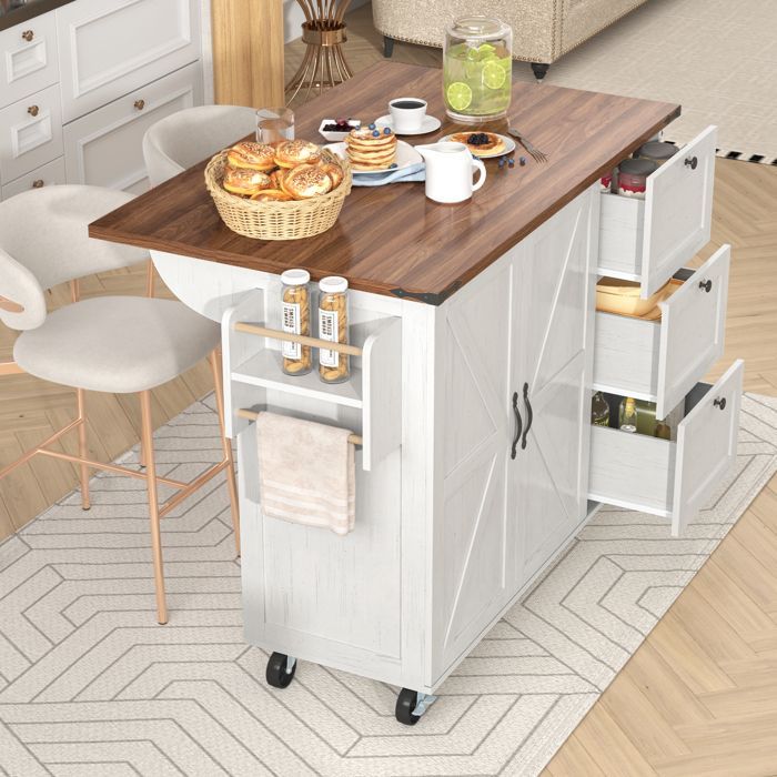 Carrello da cucina - Isola estensibile - 2 ante - 3 cassetti - Beige - Portata massima 75 kg