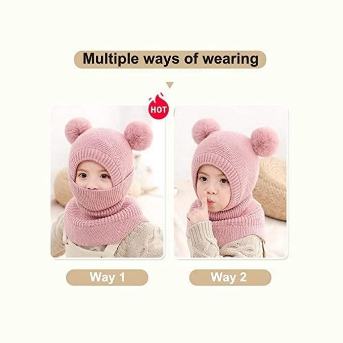 XJYDNCG Cagoule Bébé Fille Garçon Mignon Bonnet Echarpe Hiver Chaud Cache Oreilles Chapeaux Tricoté Enfant Double Pompon