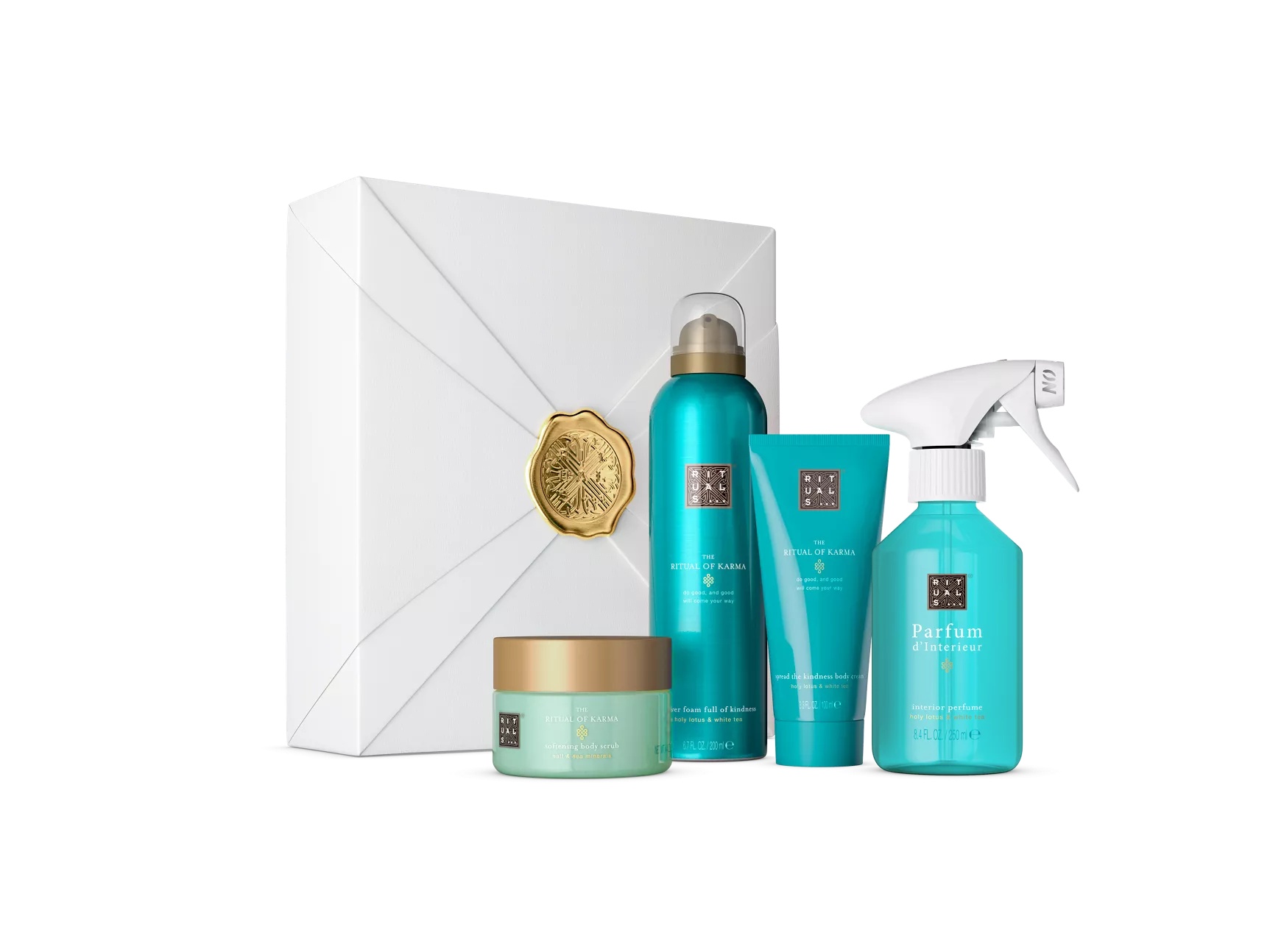 Pjenasti gel za tuširanje The Ritual of Karma Soothing Routine 200 ml, unutarnji parfem 250 ml, krema za tijelo 100 ml, piling za tijelo sa soli 125 g