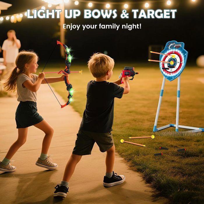 Conjunto de arco e flecha 4 em 1 com tema de tubarão, incluindo arcos iluminados, flechas com ventosa, alvos de LED e alvo para dardos – Brinquedo para atirar e arremessar