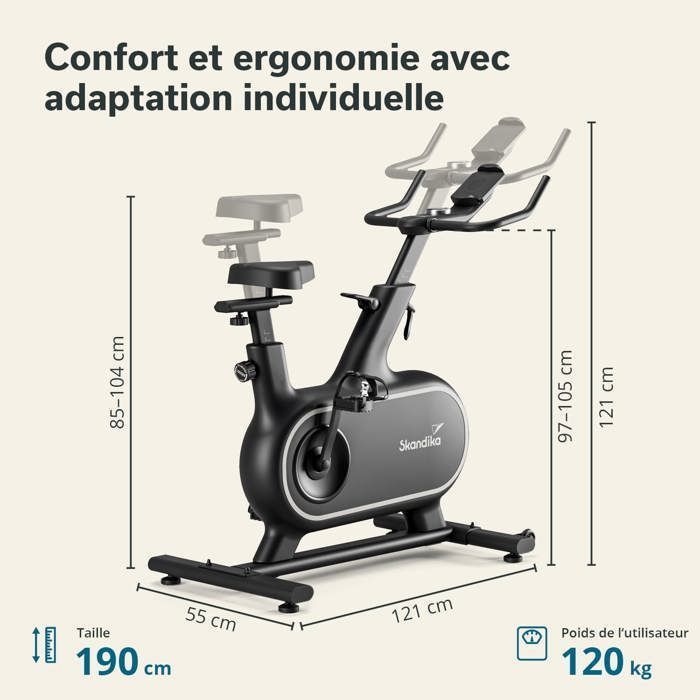 Vélo d'appartement connecté - Skandika Cykling P12-H - Inertie 12 kg - Max. 120 kg
