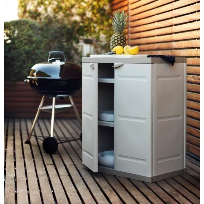TITANIUM PLASTIKEN Armoire basse 2 portes avec étagères l70 x p44 x h88 cm Beige et Taupe Gamme TITANIUM Intérieur/Extérieur
