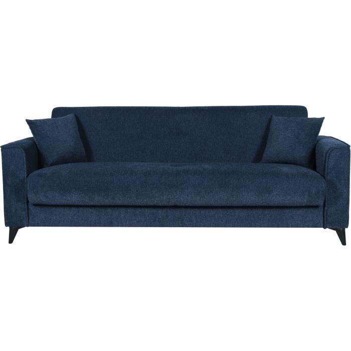 Canapé convertible 3 places - BERGAMO - Tissu bleu foncé - 2 coussins - coffre de rangement -  230 x 85 x 89 cm