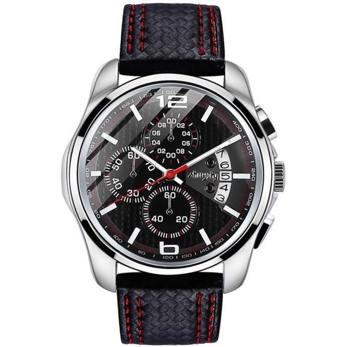 SHARPHY Montre Chronographe Étanche Quartz Analogique Cuir Noir Homme