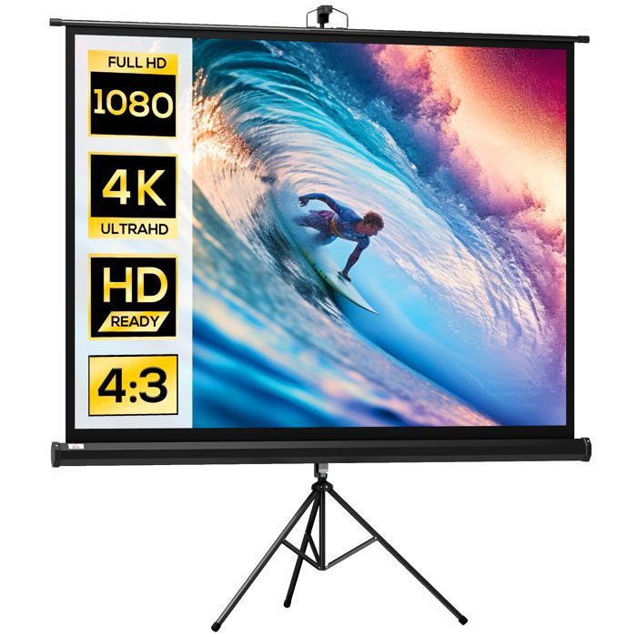 Tela de projeção - HOMCOM - Tela 4K HD 4:3 - Suporte tripé - Altura ajustável - 131x92x203cm - Branca e preta