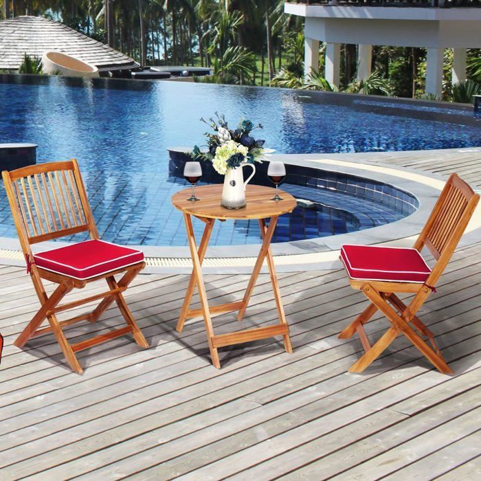 Conjunto de muebles de jardín plegables de madera de acacia de 3 piezas COSTWAY: 1 mesa, 2 sillas, 2 cojines rojos extraíbles - Sala de estar, patio, bistró