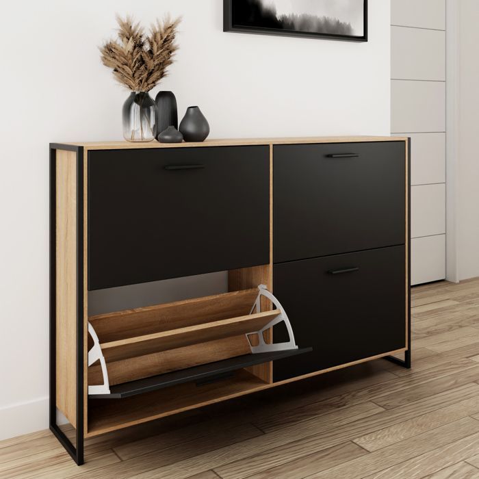 CASABEL Meuble de Rangement à Chaussure Industriel 24 Paires - Double compartiment, Entrée - Portes Noires Cadre Bois Clair