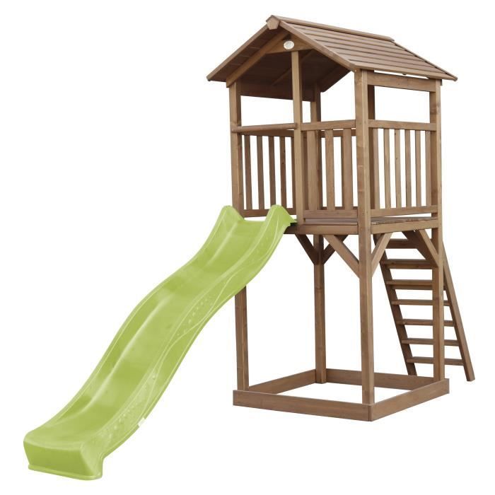 Area giochi AXI Beach Tower con scivolo verde chiaro e sabbiera | Grande casetta da gioco all'aperto marrone