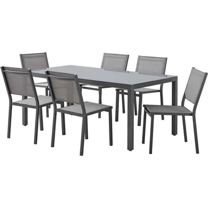 Ensemble repas table de jardin 6 personnes : Table + 6 chaises - Structure en aluminium - L180 x P 90 x H 74 cm - Gris anthracite