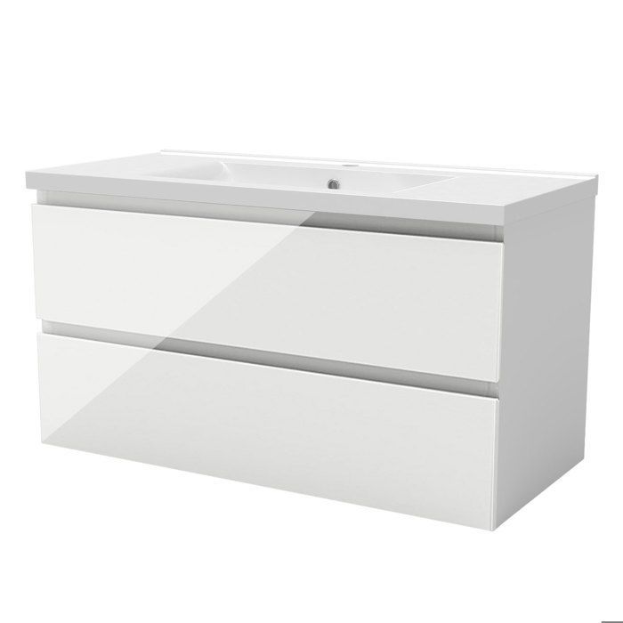AICA 100cm Glossy White Bathroom Vanity Unit with 2 Soft-Close Drawers and Single Ceramic Basin