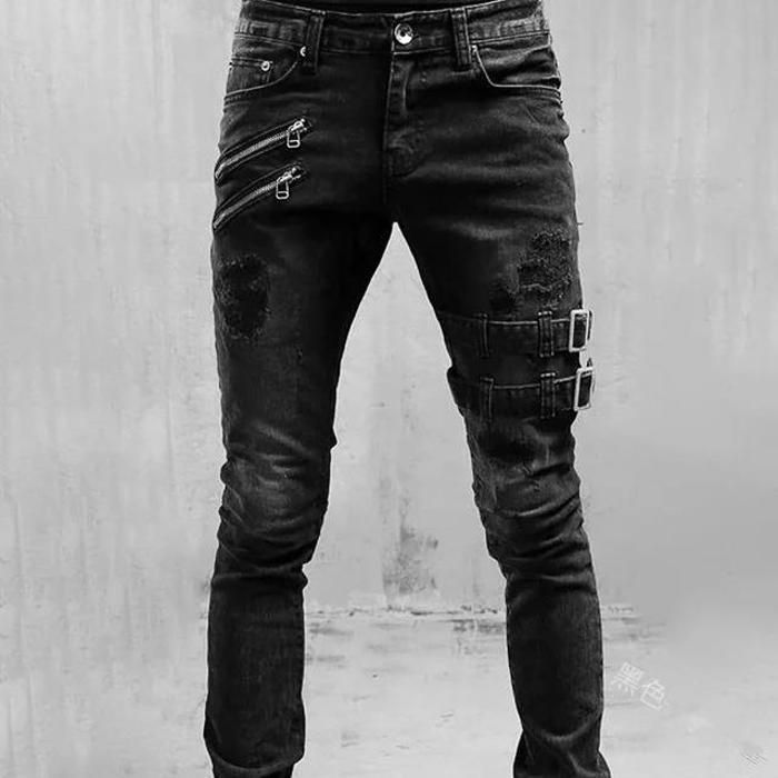 Pantalones vaqueros de moto para hombre con cintura elástica, color liso, estilo casual y moderno - Negro