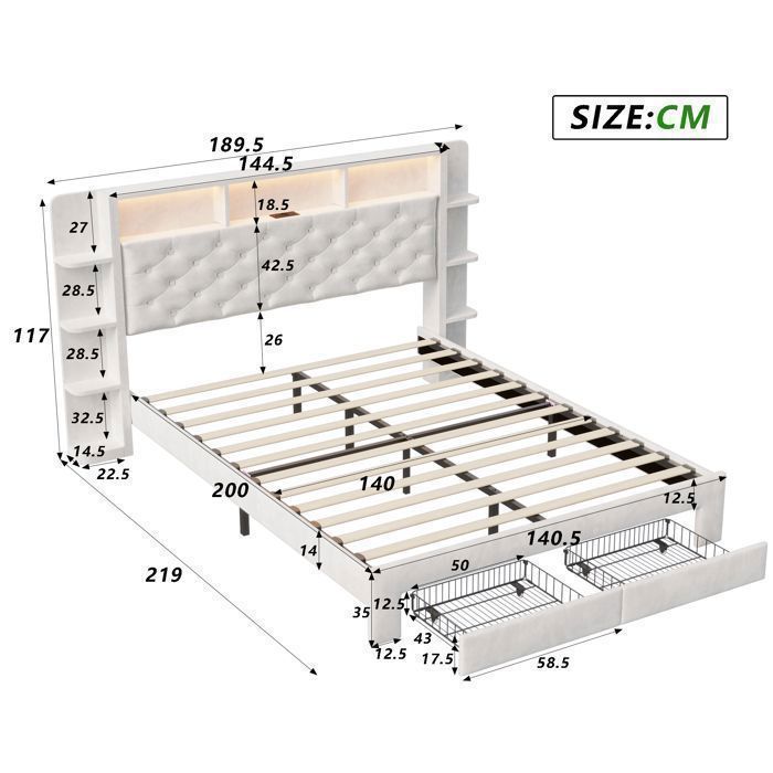 Cama de 140x190 cm - Terciopelo blanco - 2 cajones - LED y USB - Somier de láminas incluido