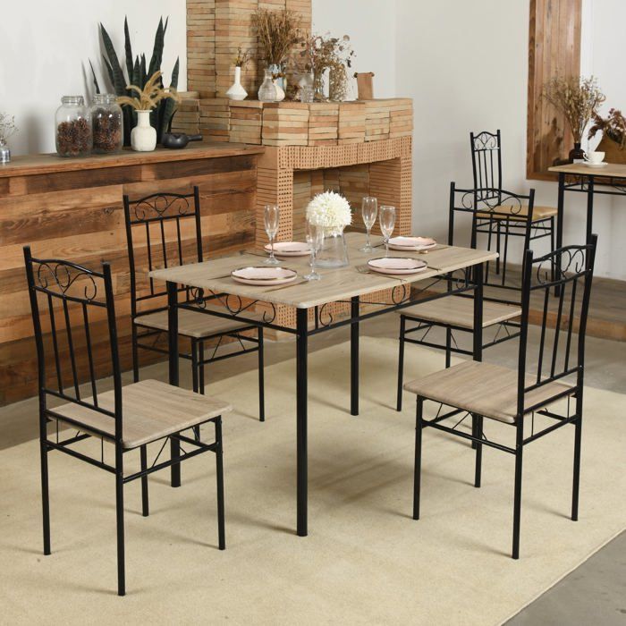 Conjunto de mesa de jantar (109 x 69 x 75 cm) e 4 cadeiras - Faia clara e preto - Estilo industrial, para cozinha, sala de jantar e sala de estar.