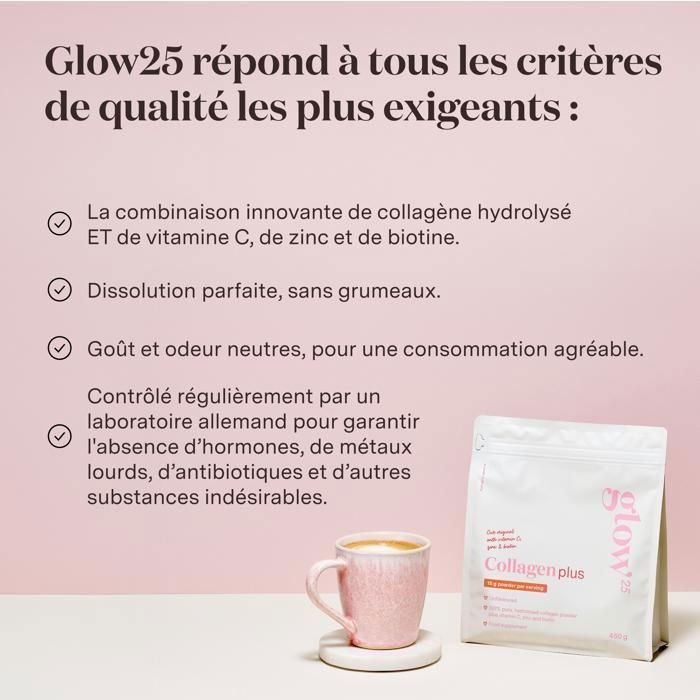 Collagen Plus Glow25® [450 g] | con vitamina C, zinc y biotina | Hidrolizado de colágeno premium | Péptidos tipo 1 y 3
