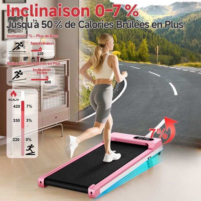 Cinta de correr 4 en 1 con inclinación (7%) | 1-8 km/h | 2,5 CV | con mando a distancia y pantalla LCD | Carga máxima 120 kg | Rosa