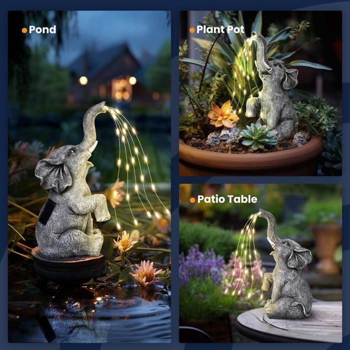 Estatua de elefante LED con energía solar, fabricada en resina, para decoración de jardín con aspersor, 27 cm.