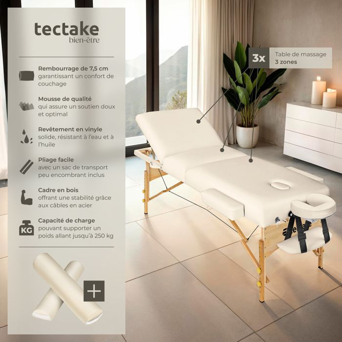 Camilla de masaje - TECTAKE - SOMWANG Camilla de tratamiento plegable y portátil de 3 secciones con estructura de madera 218 x 102 x 90 cm - Beige