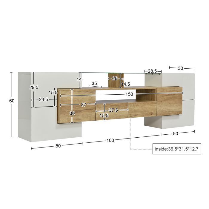 Mobile porta TV da 200 cm, bianco lucido con finitura effetto legno, illuminazione a LED multicolore, 6 ante, 2 cassetti, 3 ripiani, superficie effetto vetro, design moderno.