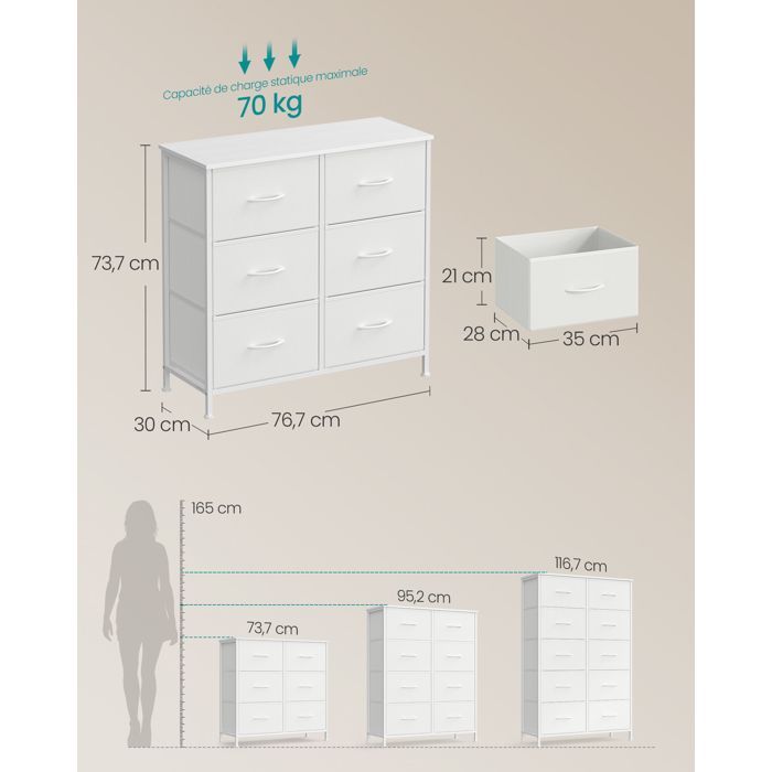 Cómoda SONGMICS de 6 cajones, mueble de almacenamiento para dormitorio, acero, panel de MDF, tela no tejida, blanco nube y blanco nieve.