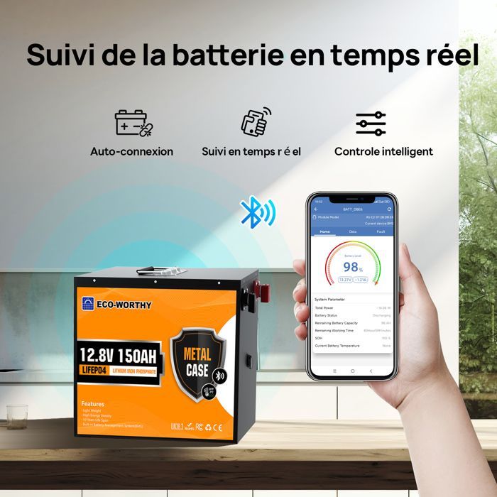 ECO-WORTHY 12V 150AH Lithium LiFePO4 Battery with Bluetooth, 120A BMS, 6000+ Cycles, for Camper Vans and Solar Systems
