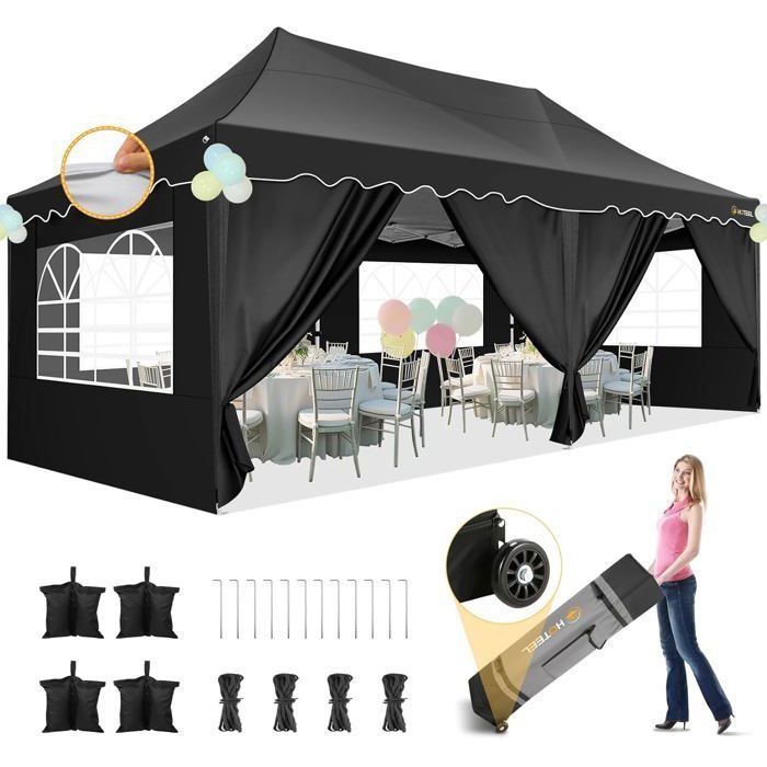 Gazebo/Padiglione da giardino pieghevole 3x6, impermeabile, con 6 lati, ideale per feste, giardini, festival, mercati e matrimoni - Nero