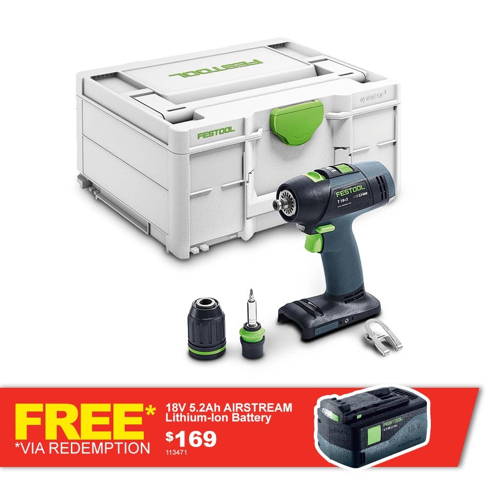 Furadeira/parafusadeira FESTOOL 18V sem escova T 18 de 2 velocidades em Systainer Skin 576448
