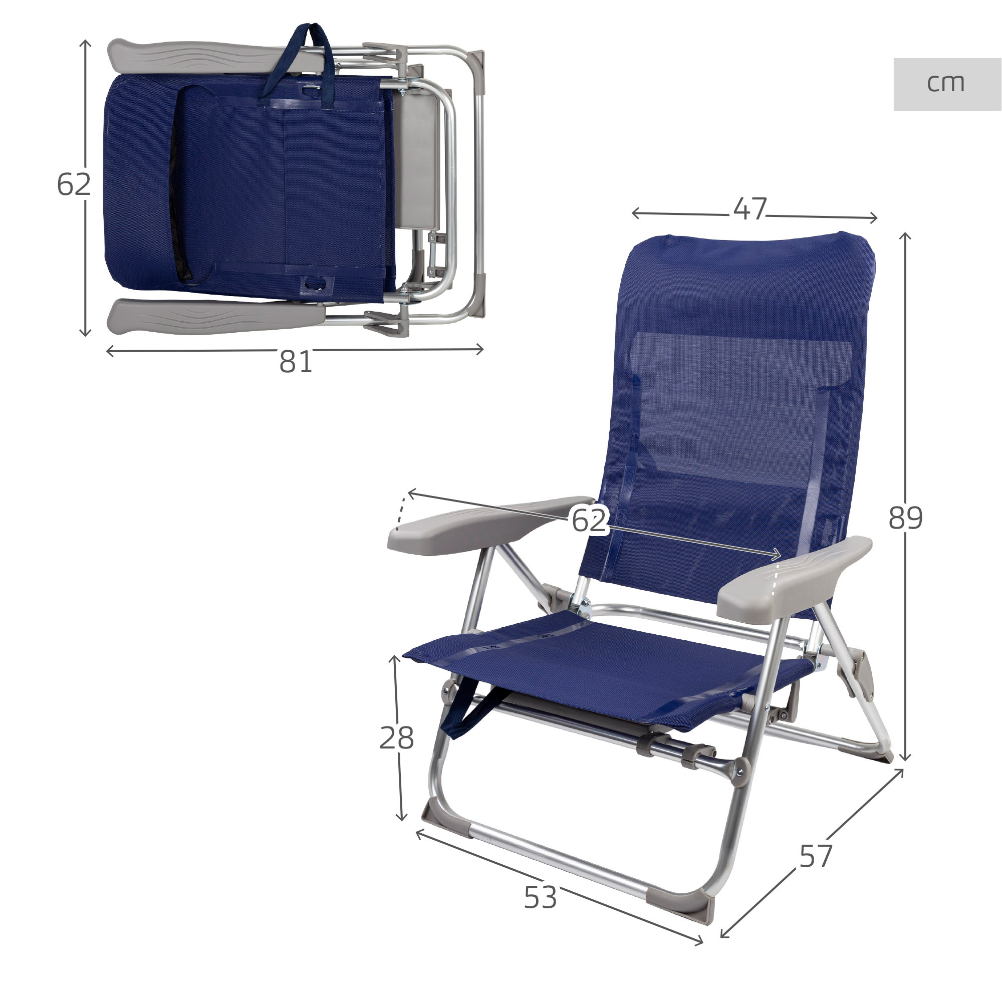 Cadeira de praia Aktive com múltiplas posições, design dobrável e compacto, com mesa e almofada.