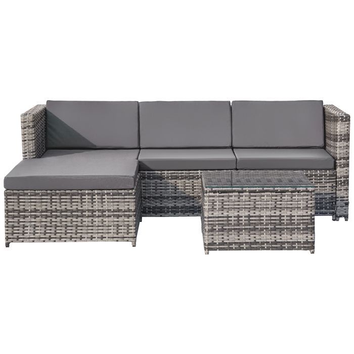 Salon de jardin lounge Canapé d'angle extérieur 4 places avec table basse en résine tressée, gris