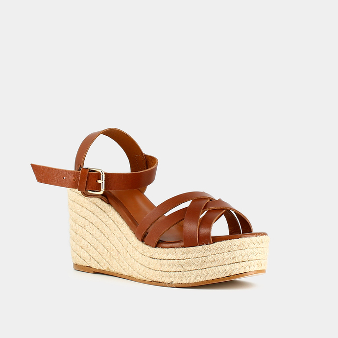 Espadrilles compensées à brides croisées  en cuir cognac