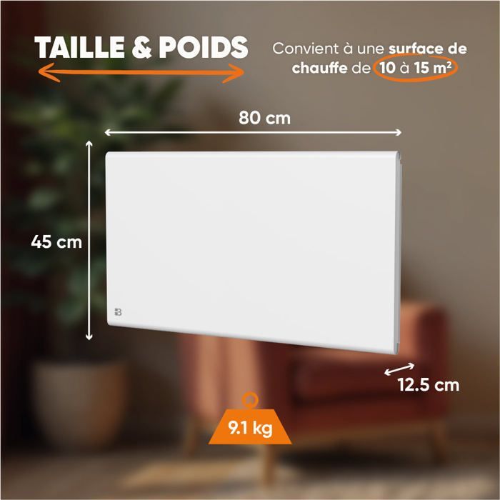 Radiador eléctrico fijo de inercia seca - Doble núcleo calefactor - BESTHERM - FREYA 1500W - horizontal blanco - NF