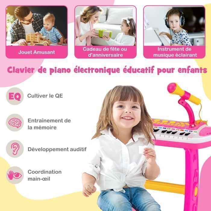 Piano electrónico para niños de 3 años, 31 teclas con taburete, COSTWAY - Micrófono, efectos de luz, 7 ritmos - Apagado automático - Rosa