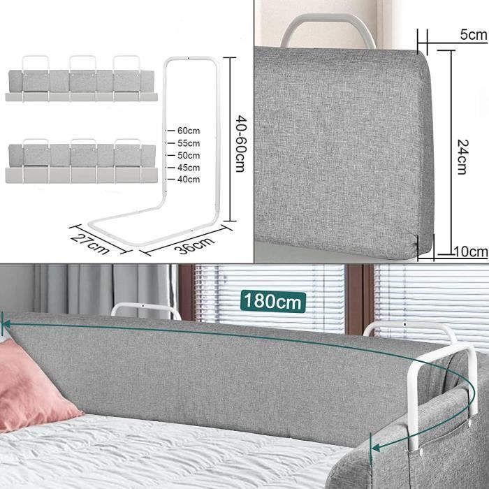 Barandilla de cama deformable ajustable LARS360 de 180 cm, barrera de seguridad para cuna, protección para cama infantil, desmontable y lavable, color gris.