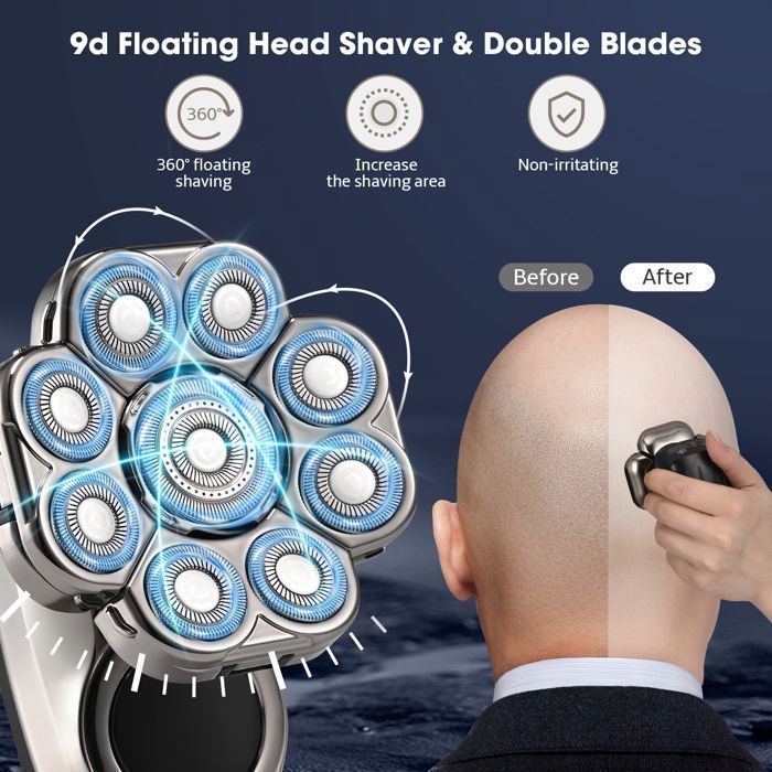 TTLIFE Rasoir Electriques Hommes Cheveux 6 en 1 Rasoir Crane Rasoir 9D Flottant tanche Humide Sche Rechargeable US TONDEUSE A BARBE