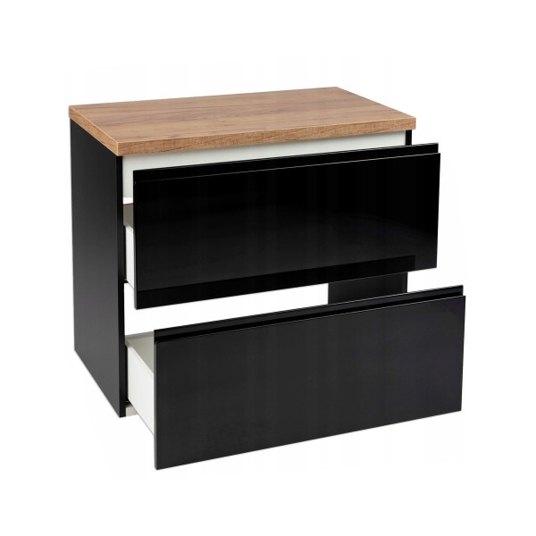 Zestaw Łazienkowy Szafka Czarna Wisząca Połysk MDF   Blat Dąb Złoty 60 cm