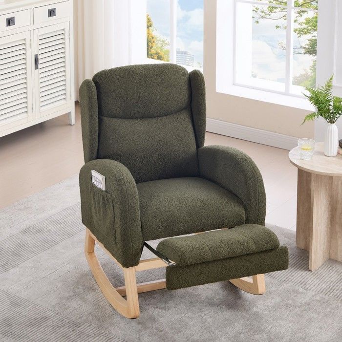Fauteuil d'allaitement à bascule avec repose-pieds réglable, dossier haut et tissu Teddy confortable - Vert