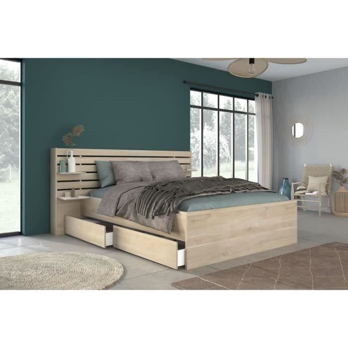 Lit adulte ESCALE 160x200 cm - Décor chêne du Japon - 2 tiroirs + Tête de lit - L222,8 x H98,2 x P216,8 cm - Fabriqué en France
