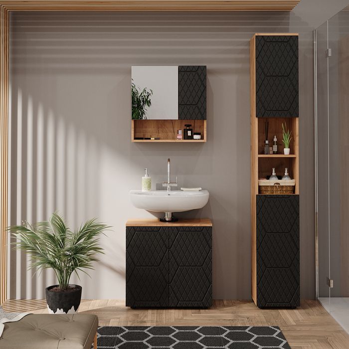 Meubles bain Irma 3 pièces, avec armoire haute Anthracite avec structure en nid d'abeille Vicco 47172