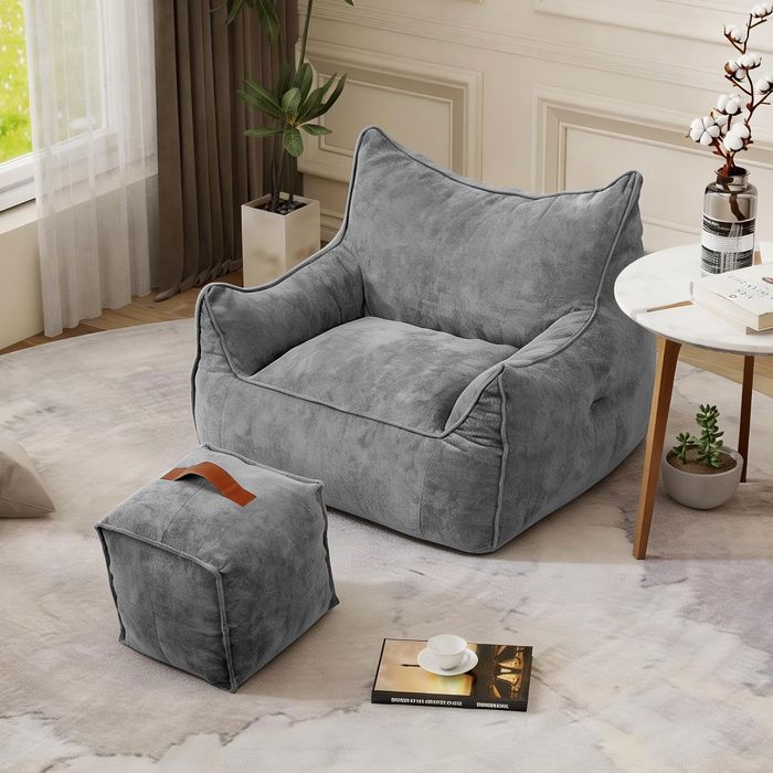 Velvet Pouf/Armchair with Footrest - 100 x 95 cm - Sofa, Bean Bag Chair, Chaise Lounge - Bedroom, Grey