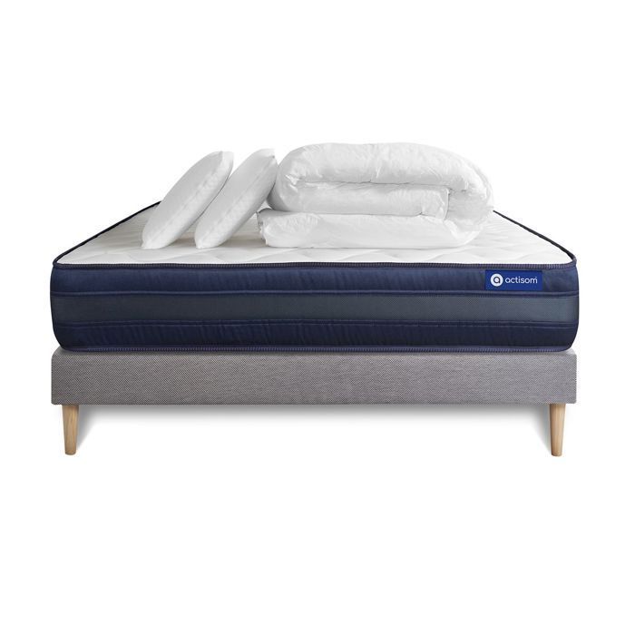 Juego completo de cama de 160x200 cm - Colchón + Base de cama gris (requiere montaje) + 2 almohadas + Edredón - Actilatex Ma