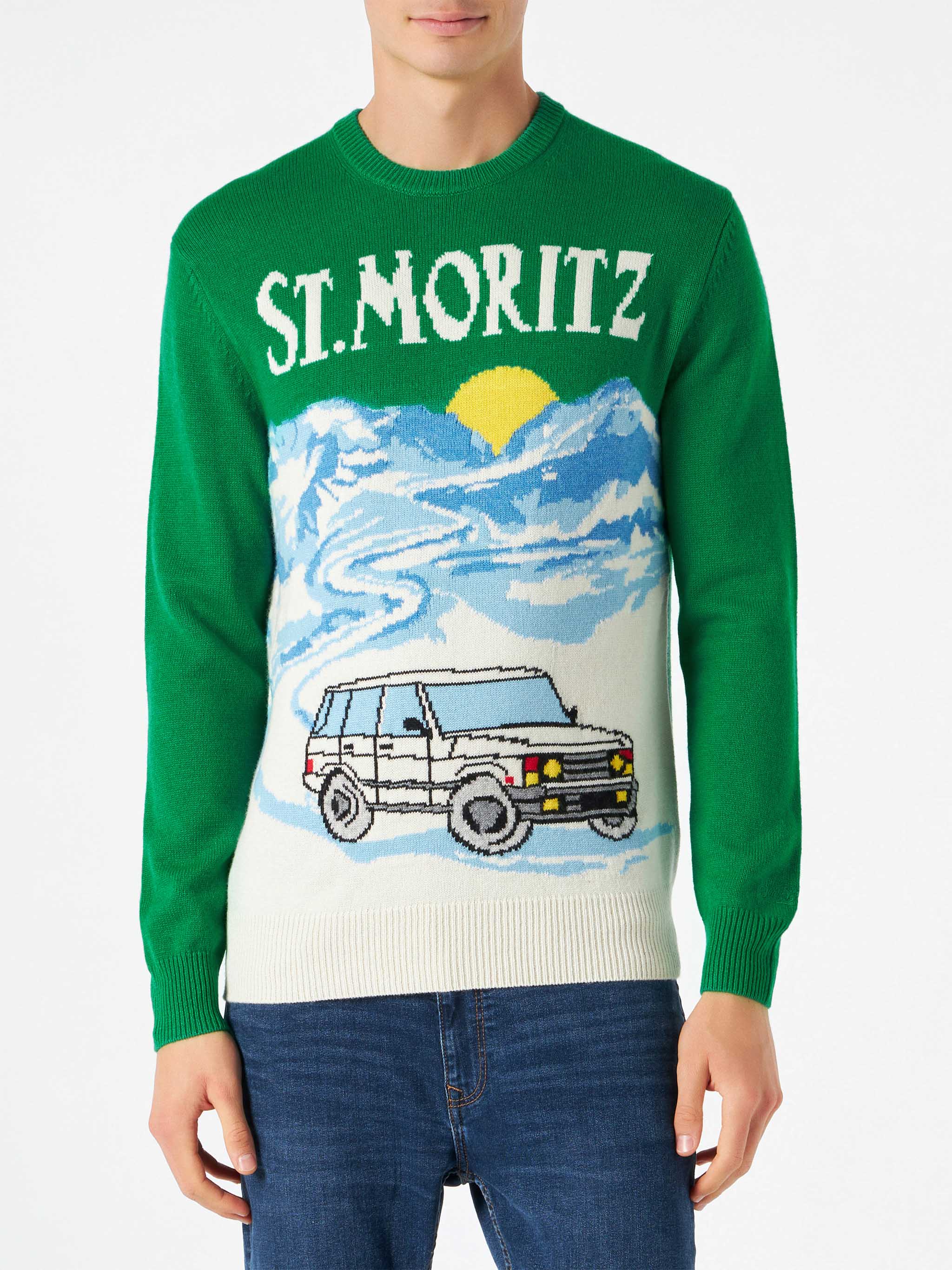 Grüner Herrenpullover mit Postkartenmotiv von St. Moritz