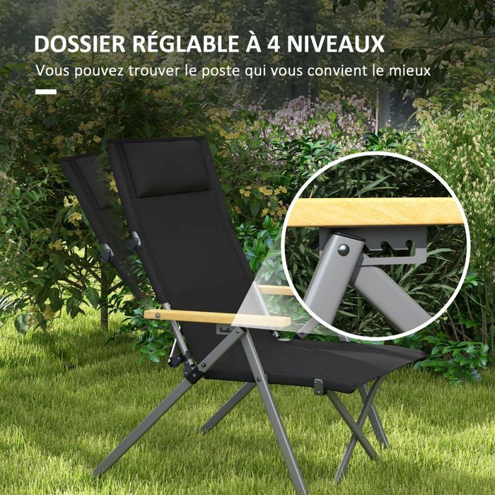 Campingstuhl – Outsunny – faltbar und tragbar – verstellbare Rückenlehne, gepolsterte Kopfstütze, Tasche – 74 x 59,5 x 98 cm – schwarz